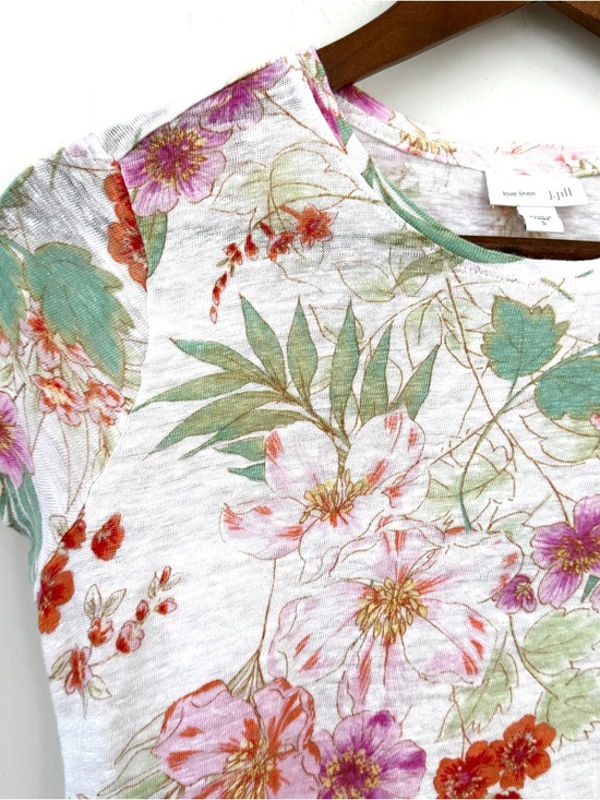 J. Jill Tops - J. Jill Floral Short Sleeve Tee - White, Pink, Green, Relaxed Fit, Linen Knit
